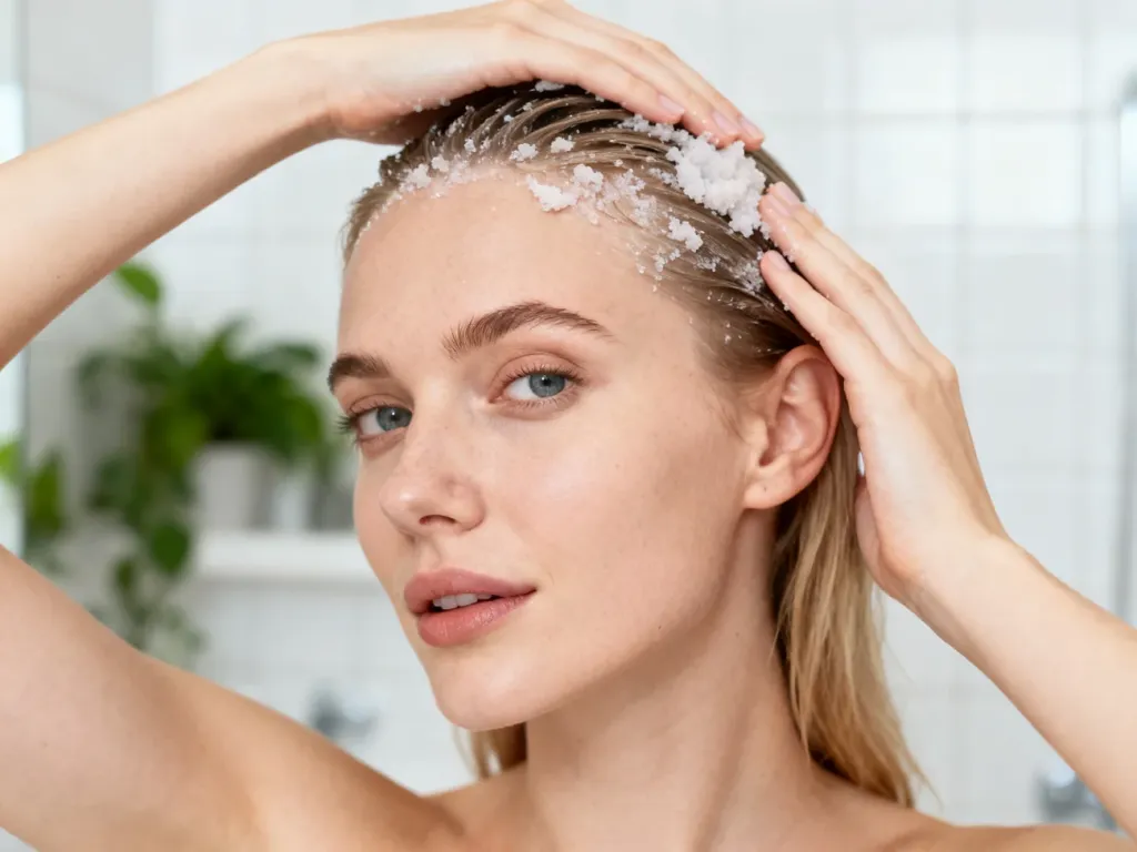 Kobieta wykonuje delikatny peeling skóry głowy opuszkami palców w jasnej, nowoczesnej łazience.