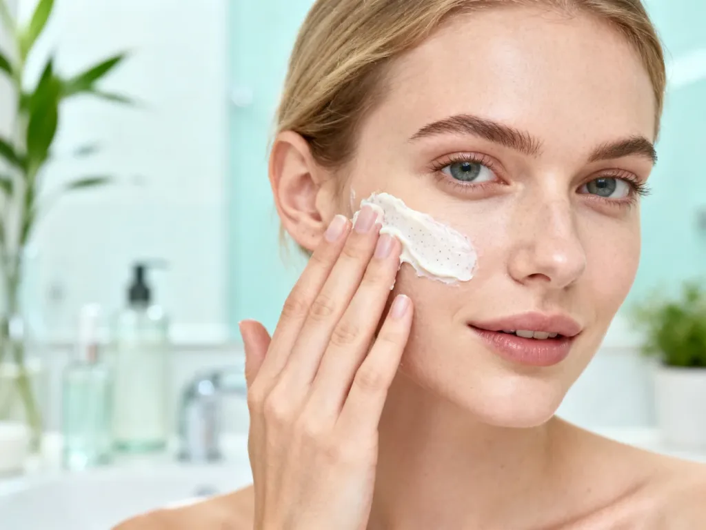 Kobieta nakłada delikatny peeling enzymatyczny na policzek w jasnej, minimalistycznej łazience.