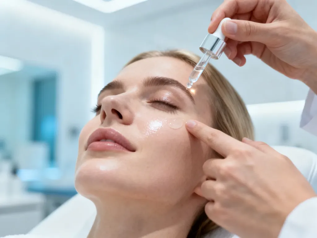 Dermatolog nakłada profesjonalne serum na twarz pacjentki podczas zabiegu peelingu chemicznego w nowoczesnym gabinecie.