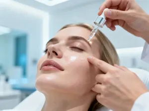 Kobieta wykonuje delikatny peeling skóry głowy opuszkami palców w jasnej, nowoczesnej łazience.