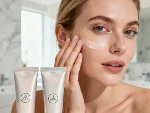Kobieta nakłada delikatny peeling enzymatyczny na policzek w jasnej, minimalistycznej łazience.